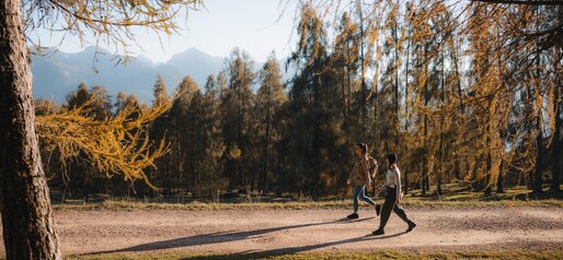 Due amiche passeggiano su strada forestale | © APT Fiemme e Cembra - foto di Gaia Panozzo